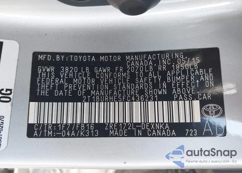 2015 Toyota Corolla Le from USA, damaged, VIN 2T1BURHE5FC436231
